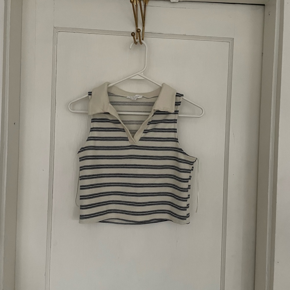 iris Striped Sleeveless Polo Crop Top in Cream & black